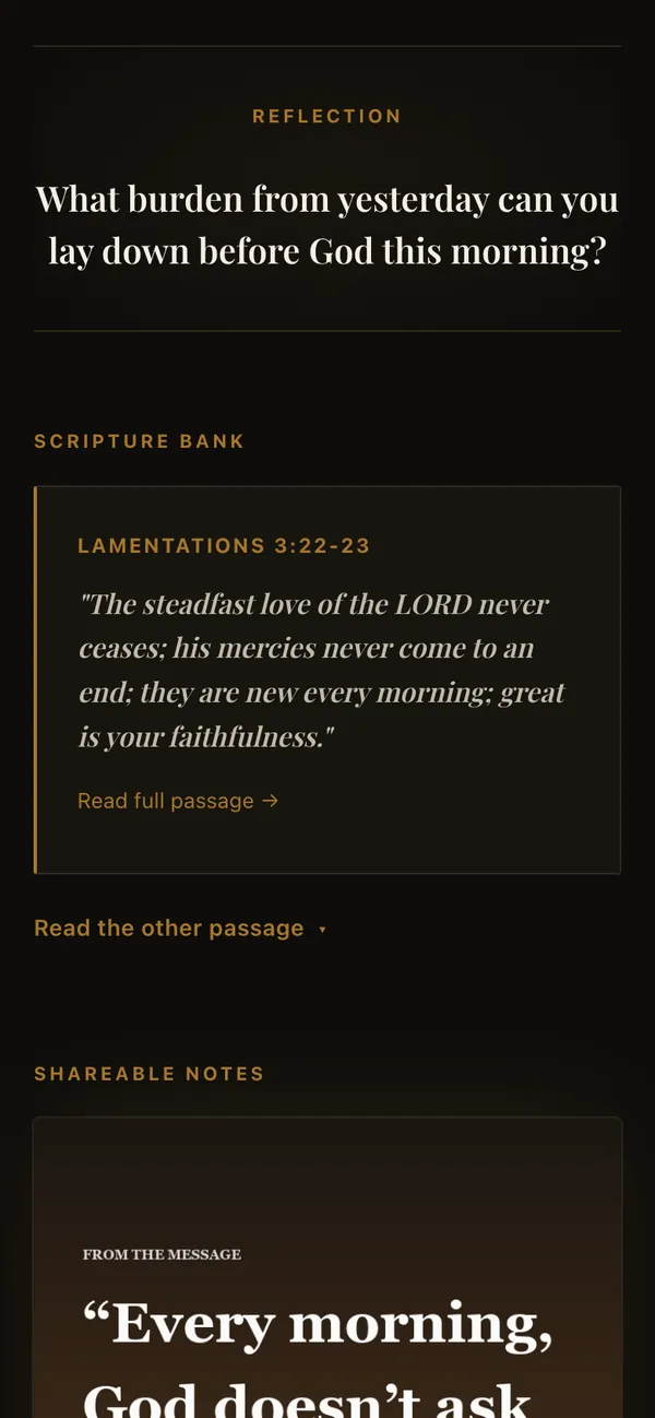 Phone screen with a reflection question and the Scripture from the sermon, Lamentations 3:22–23.
