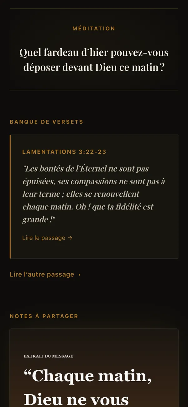 Écran avec une question de méditation et le passage biblique de la prédication, Lamentations 3.22-23.